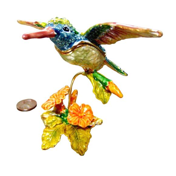 NEW HUMMINGBIRD TRINKET BOX Enameled Gold Bird Flower Figurine Rhinestones BOX - Picture 1 of 9